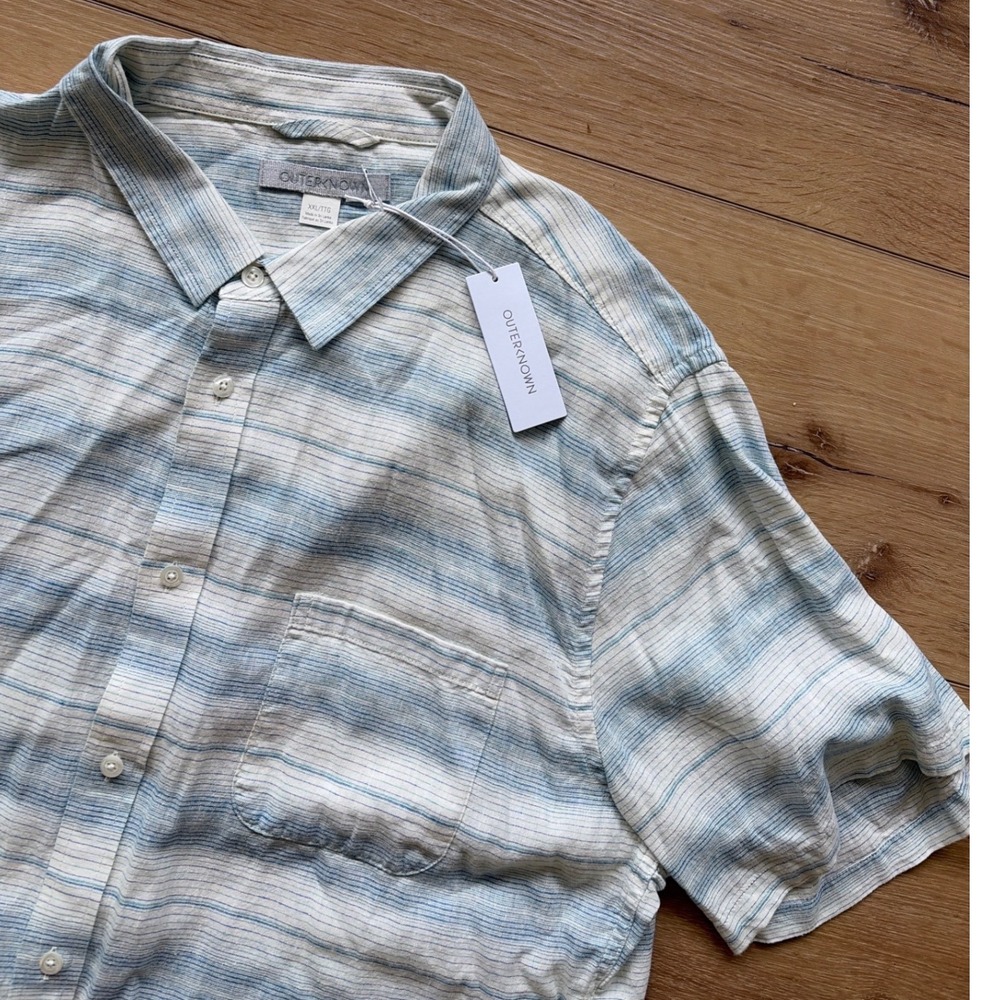 Outerknown Mens size XXL Blue Striped Hemp Tencel Short Sleeve Button Up Shirt
